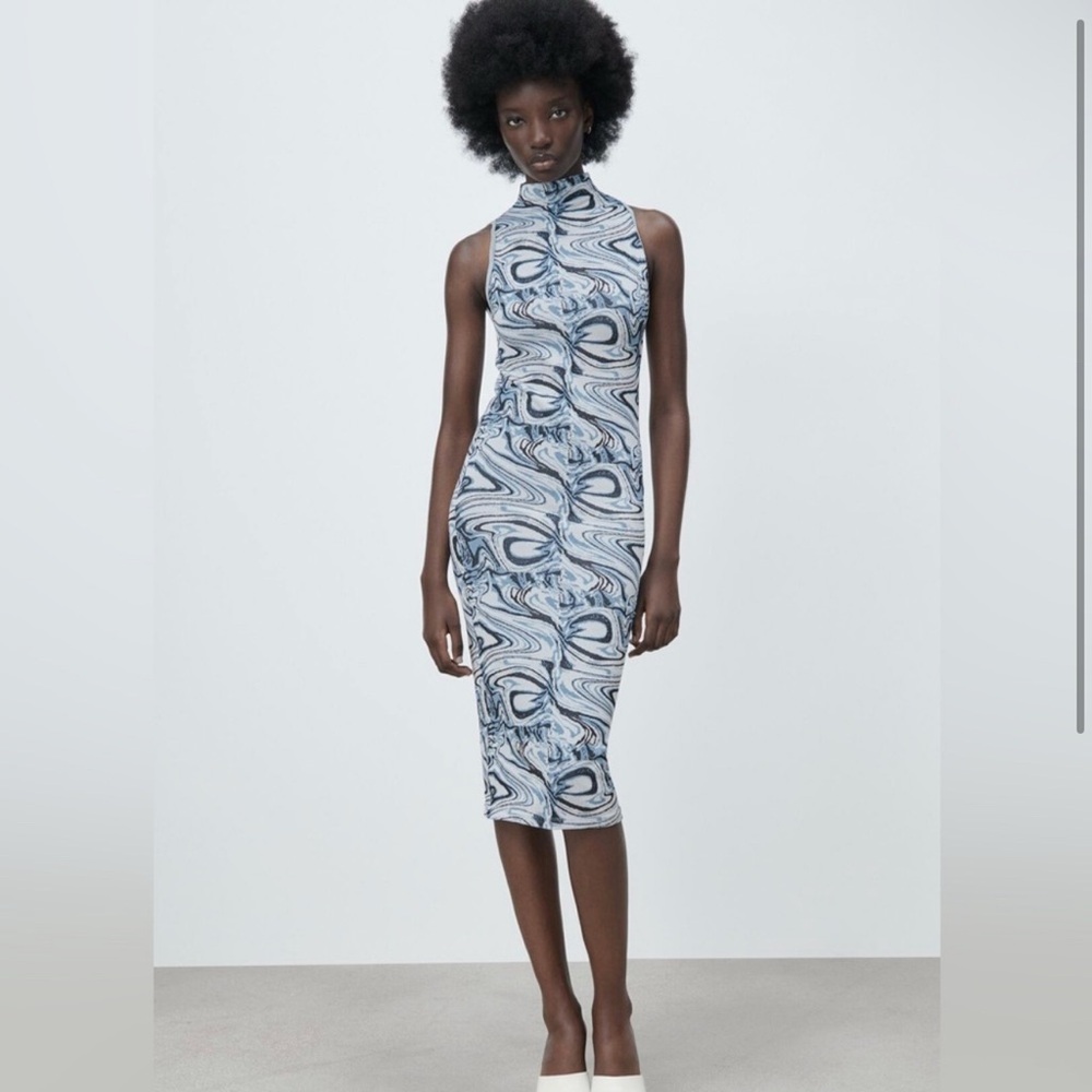 Zara Blue Marble Jacquard Midi Dress US M/L High Neck Fitted Bodycon Sleeveless